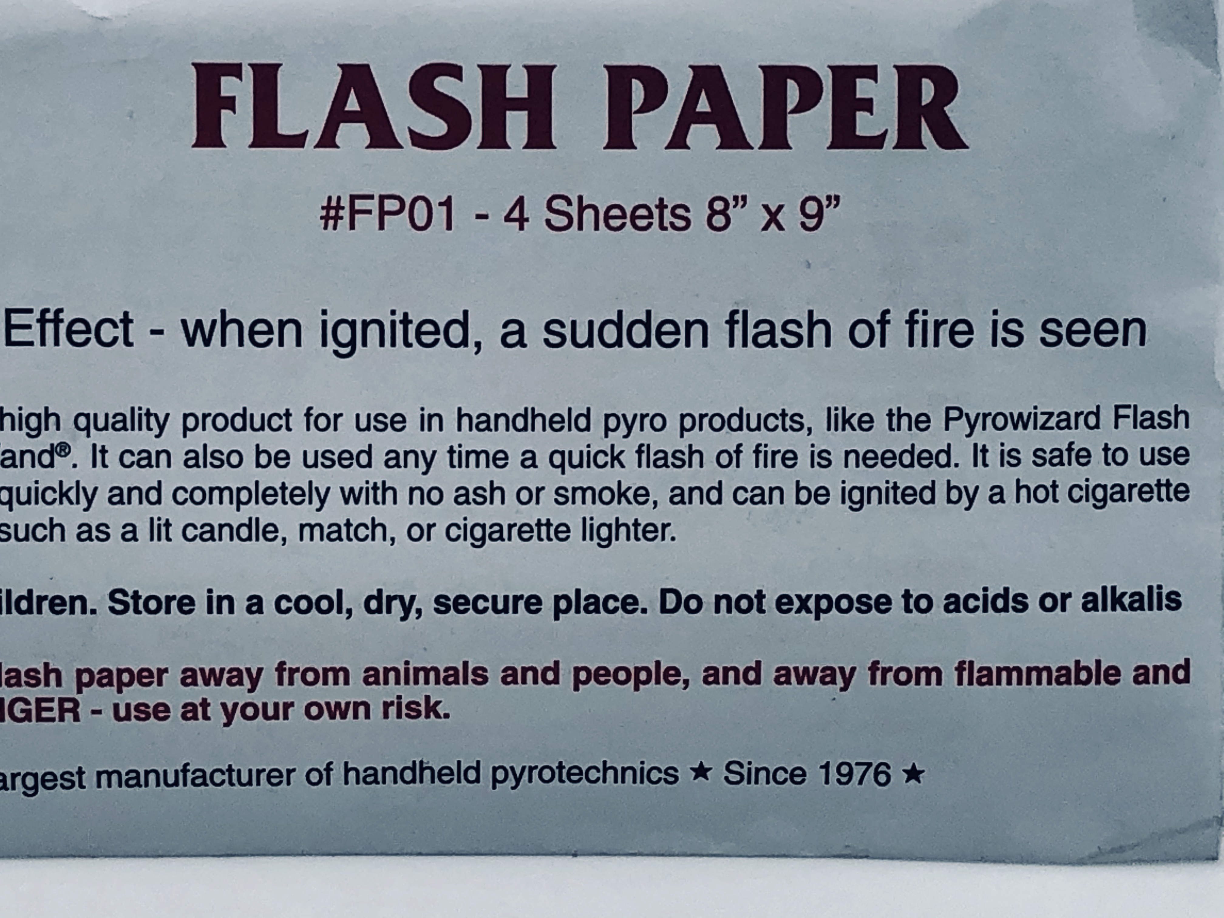 Flash Paper - 4 Sheets - Nassau Chemical Company